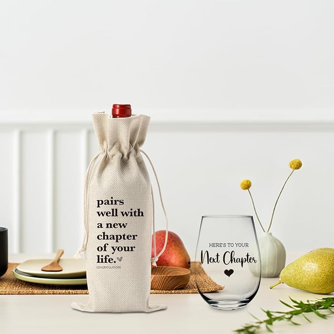 New Chapter Wine Bag Glass Set Farewell Gifts for coworkers Going Away Gift for Friends New Beginning New Business Owner New Job Gifts for Coworker Boss Teacher