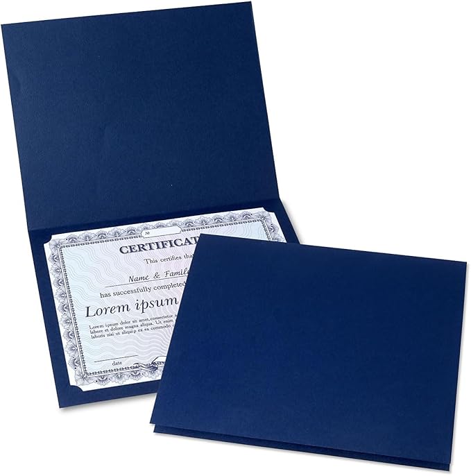 Plain Blue Certificate Folders - Pack of 25, Linen Cover 80 lb. Stock, Folded, Die-Cut Corners, for Office, Business Awards, Graduation, School Diploma Holder, 9-1/2" x 12"