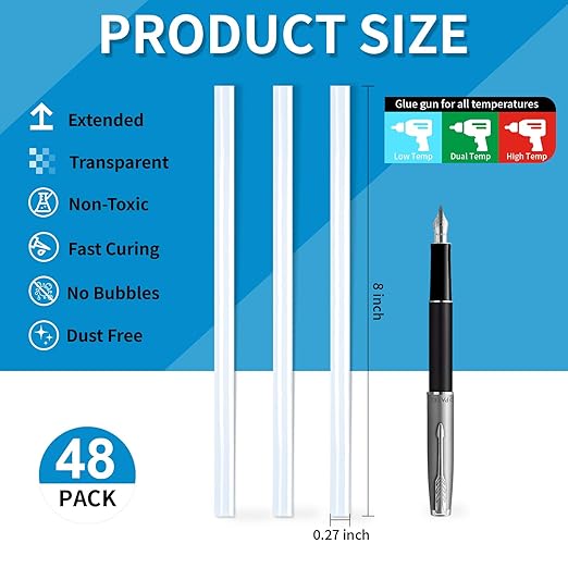 Phinus 48 Pack Mini Hot Glue Sticks, 8" Long x 0.27" Diameter Clear Glue Sticks for Glue Gun, EVA Clear Glue Gun Sticks, Hot Glue Gun Sticks for DIY Craft Sticky Projects & More