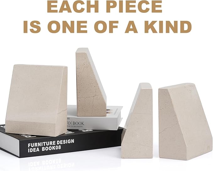 Koville Marble Bookends for Shelves, 9Lbs Large Bookends for Heavy Books, Non-Slip Heavy Duty Book Stopper for CD/Movies, Aesthetic Decorative Bookends for Shelves Table Home Decor(Beige)