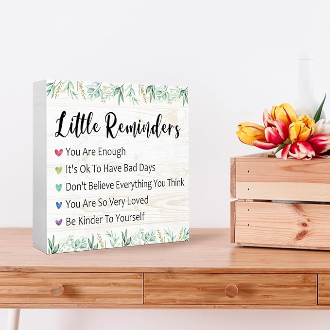 Little Reminders Desk Sign, Inspirational Decor, Morning Reminders Wooden Block Sign for Tabletop Shelf, College Motivational Positive Affirmation Gifts for Women