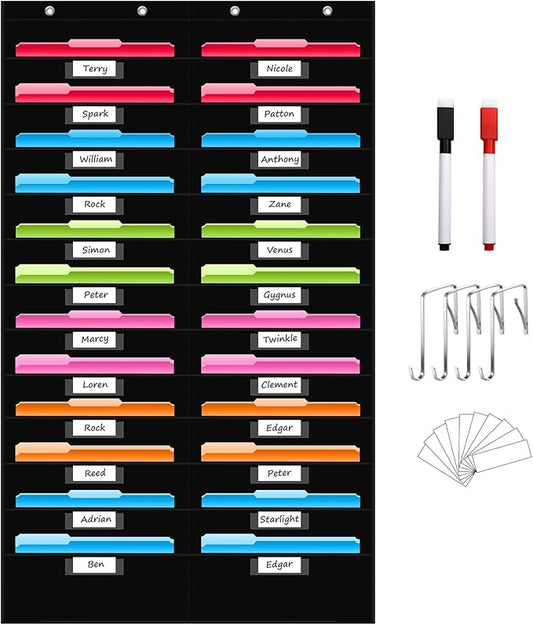 REGELETO 24 Pockets File Storage Pocket Chart with 24 Nametag Pockets, Hanging Wall File Organizer for Classroom and Office, Organize Your Assignments, Files, Scrapbooks, Paper (Black-24 pockets)