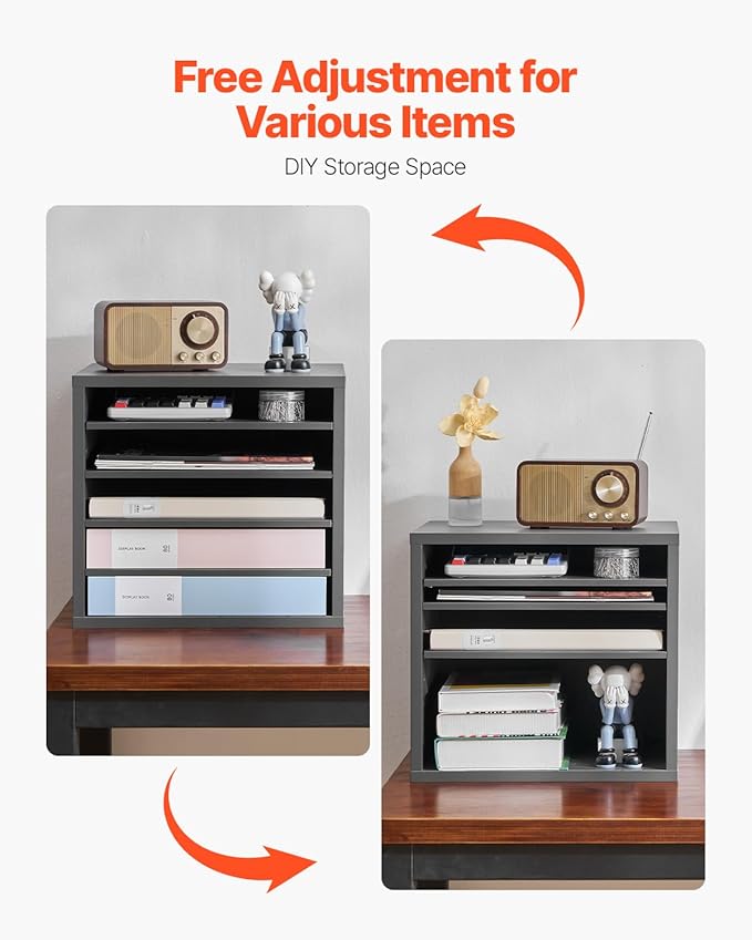 VEVOR Literature Organizer, 5 Compartments Office Mailbox with Adjustable Shelves, Wooden Mailbox Sorter Medium Density Fiberboard Office Home Classroom Storage for Files, Documents, Papers, Grey