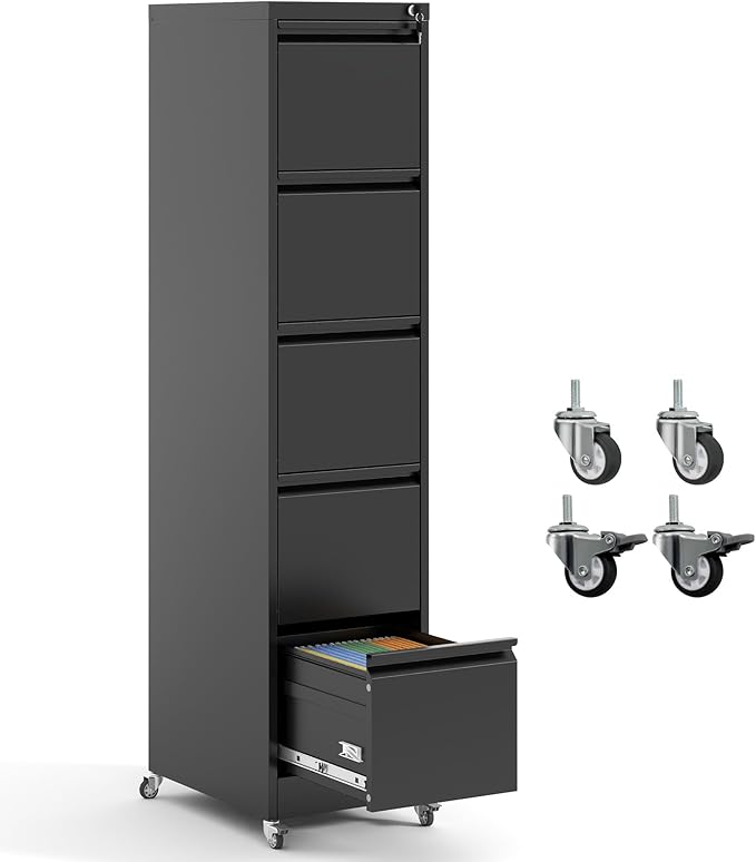 5 Drawer Locking File Cabinet with Wheels,Metal Mobile Filing Cabinets,Black Vertical File Cabinet for Home Office,Heavy Duty Storage Cabinet for A4/Letter/Legal Size File,Assembly Required