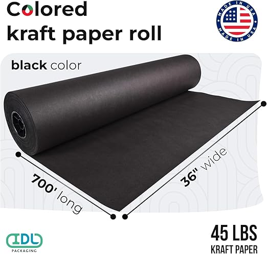 Black Kraft Paper Roll 36" x 8400" (700 feet) - Quality USA-Made Large Paper Roll 45lb Thickness for Packing, Moving, Shipping & Crafts/Art - 100% Recyclable Natural Wrapping Material by IDL Packaging