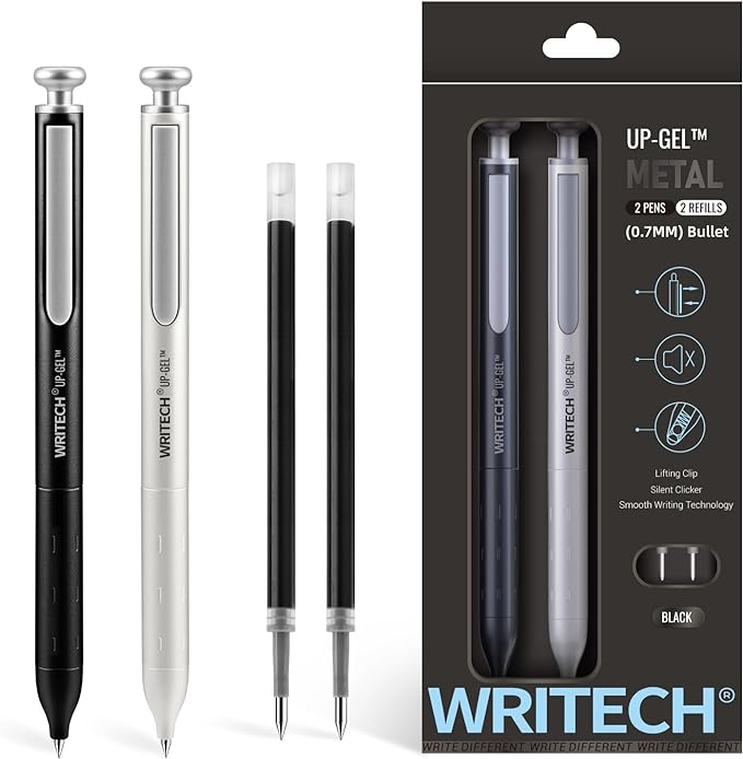 WRITECH Gel Pens Fine Point: Premium Metal Barrel Retractable 0.7mm Black Ink Pen 2ct with 2 Refills No Smear & Bleed Quick Dry Smooth Writing Silent Click Luxury Up-Gel