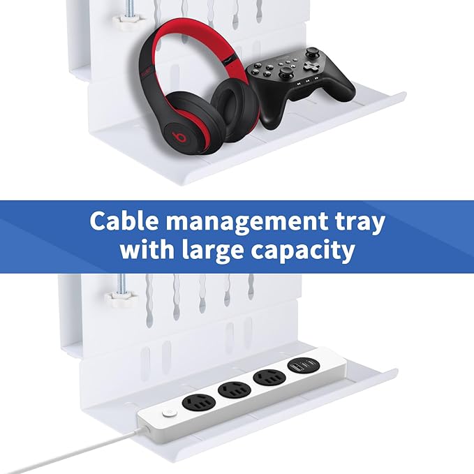 LUKETURE Desk Side Laptop Holder, Side Desk Laptop Holder with Cable Management Tray, 2 in 1 Steel Under Table Laptop Mount, Table Hanging Storage for Office and Home (White)