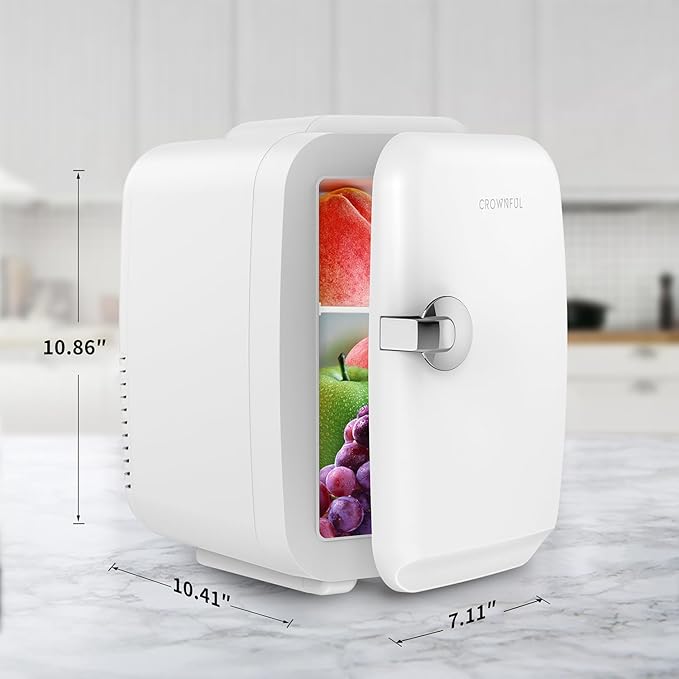 CROWNFUL Mini Fridge, 4 Liter/6 Can Portable Cooler and Warmer Personal Refrigerator for Skin Care, Cosmetics, Beverage, Food,Great for Bedroom, Office, Car, Dorm, ETL Listed (White)