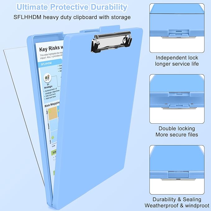Clipboard with Storage,Three-Tier Box Clipboards(Letter Size),Storage Clipboard with Clip Form Holder Clipboards,Dry Erase Clip Boards 8.5x11 with Storage for Office Supplies Clip Board-Lake Blue