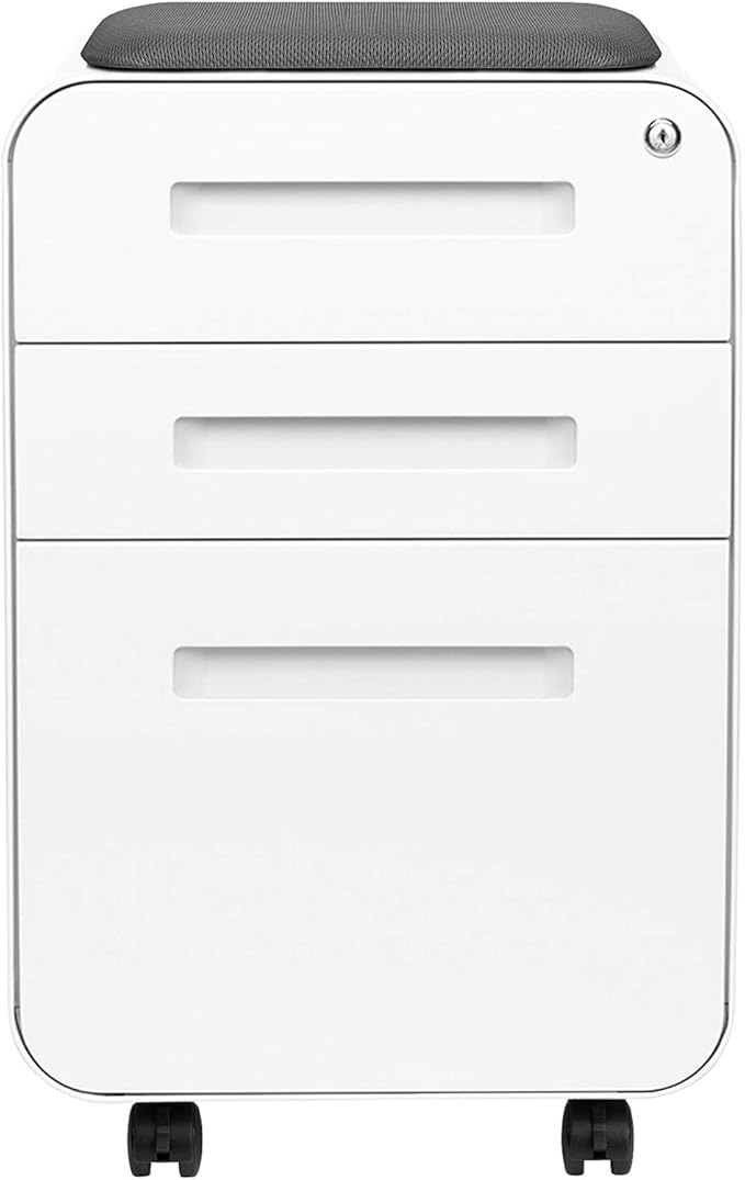Laura Davidson Furniture STOCKPILE Curve Seated 3-Drawer Mobile File Cabinet with Removable Magnetic Cushion Seat - Metal Filing Cabinet, Pre-Assembled, White with Dark Grey Cushion