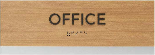 Office Sign With Braille/Small Business Easy Adhesive Mount Door And Wall Sign / 3" x 9" Oak Woodgrain Design