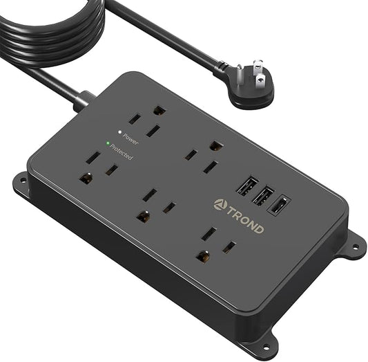 TROND Surge Protector Power Strip, 15ft Long Extension Cord, ETL Listed, 5 Widely Spaced AC Outlets, 2 USB A and 1 USB C, 1300J, Low-Profile Flat Plug, Wall Mountable, for Kitchen Office, Black
