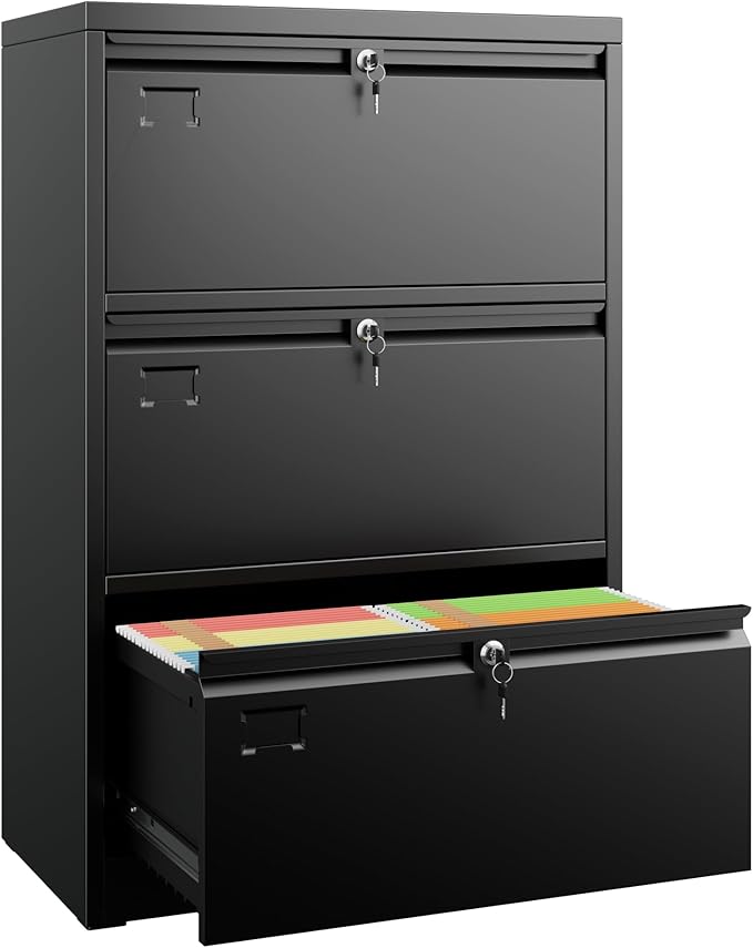 SUXXAN 3 Drawer File Cabinet, Lateral Filing Cabinet with 3 Locks for Home Office, Black File Cabinets with Business Card Holder for Letter/Legal/F4/A4 Hanging Files