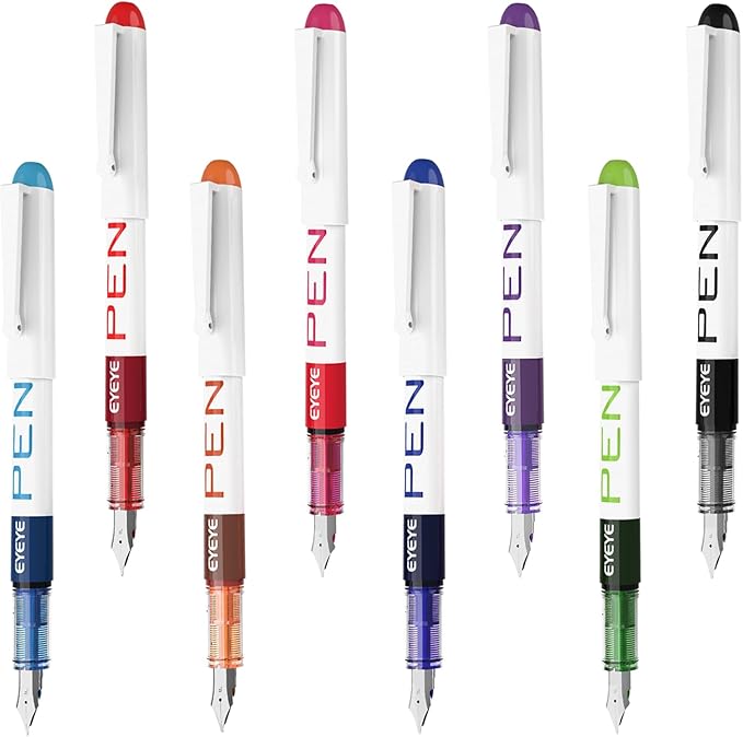 EYEYE Fountain Pens for Writing, 8 Pack Assorted Colors Fine Point Disposable Fountain Pens Stainless Steel Nib, Smooth Writing for Journaling, Drafting, Sketching, Doodling & Gifts