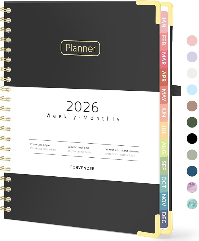 Forvencer 2026 Planner, Hardcover Calendar Planner Weekly and Monthly, January 2026 - December 2026, 8.5" x 11", Spiral Agenda Book with Tabs, Exquisite Daily Journal with Inner Pocket, Organizer Notebook for Office Home School, A4 Size, Black