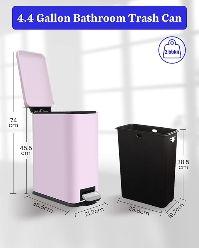 JM.YIPENG 17L Rubbish Bin, Pedal Bin with Lid and Foot Pedal with Inner Bucket, Rectangular Pedal Bin for Living Room, Office, Pink
