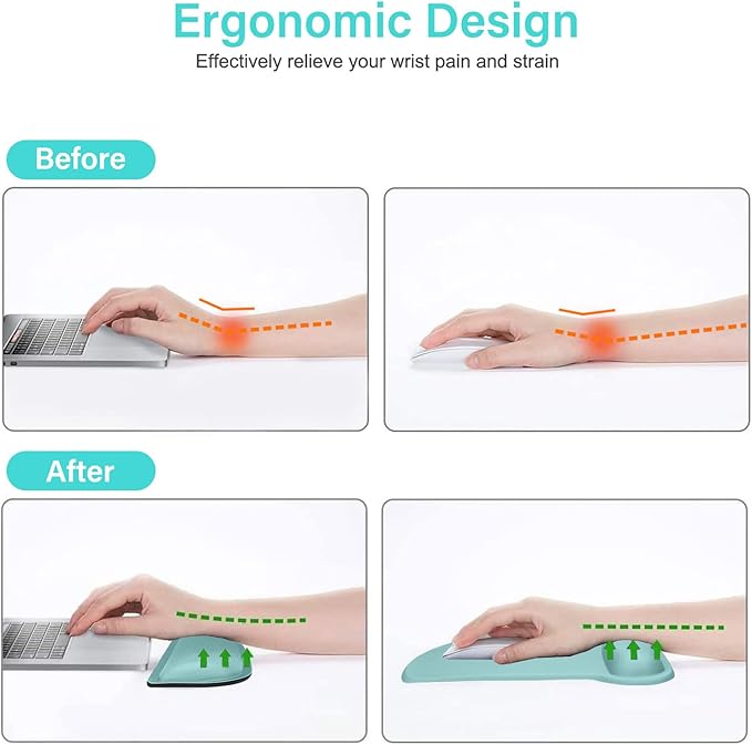 MOSISO Wrist Rest Support for Mouse Pad & Keyboard Set, Ergonomic Mousepad Non-Slip Base Home/Office Pain Relief & Easy Typing Cushion with Neoprene Cloth & Raised Memory Foam, Aquamarine