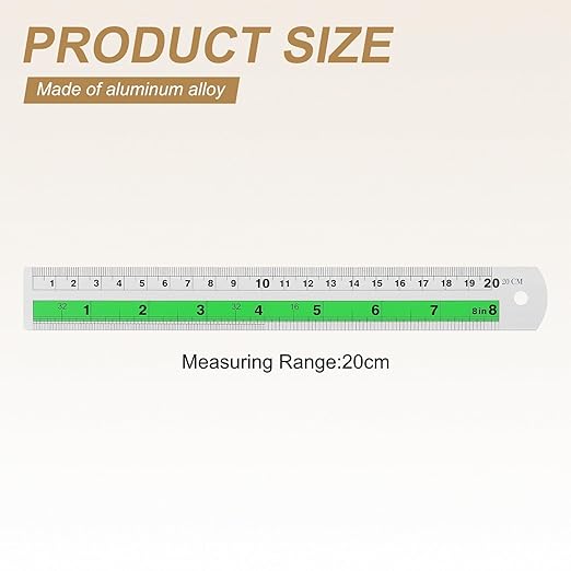 HARFINGTON 2pcs Metal Straight Ruler 20cm Metric SAE Aluminum Alloy Measuring Rulers Scale Tool with Hole for Measure Study Reading Classroom Office, Green