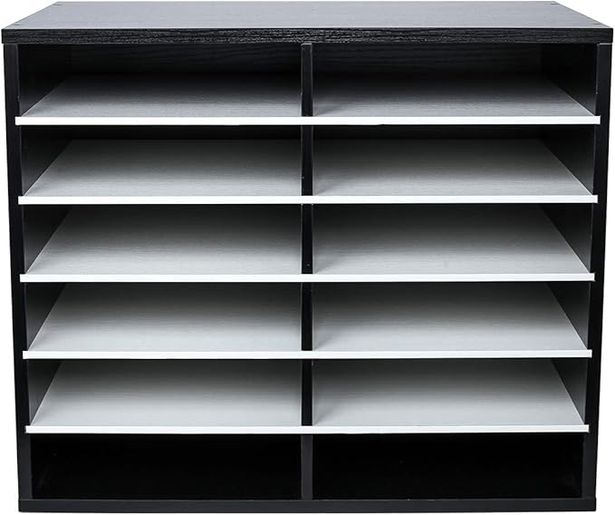 EasyPAG Mail Organizer Countertop, Wood Literature Organizer, Student Classroom Mailbox for School, Desktop Paper Sorter for Office Home, 12 Compartments, Black/White