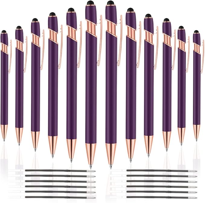 12 PCS 2 in 1 Stylus Ballpoint Pen with Stylus Tip, 1.0 mm Black Ink Metal Pen Stylus Pen for Touch Screens (Rose Gold & Purple)