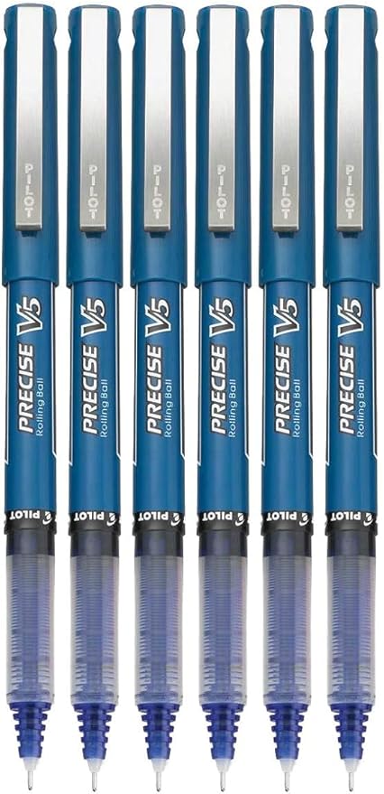 Precise V5 Stick Rolling Ball Pens, Extra Fine Point (.5mm), Blue Ink, 6-pk; Bundle with Plastic Reusable Pouch