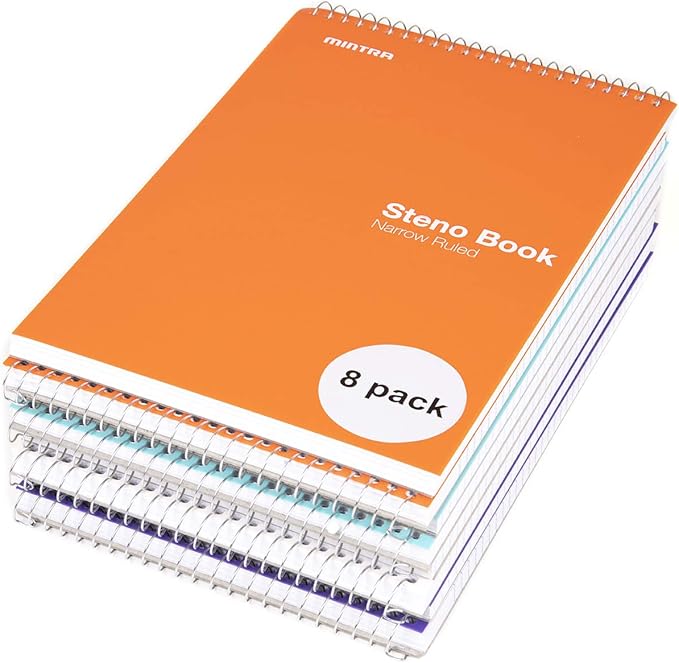 Mintra Office Steno Book - (BRIGHTS - Purp/Wht/Teal/Orange) - 6inx9in, 100 Sheets, 8 Pads/Pack, Narrow Ruled - Poly Cover, Notebook for writing notes in school, university, college, work, office