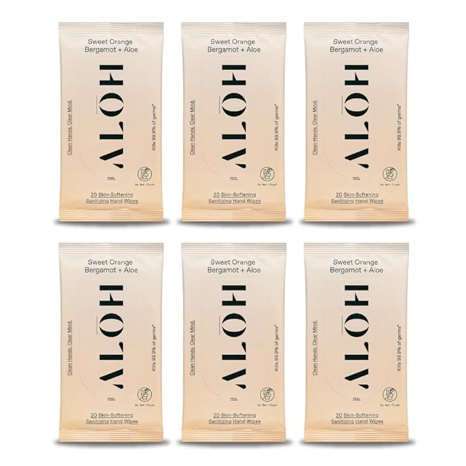 ALŌH Sweet Orange Bergamot + Aloe Sanitizing Hand Wipes - Clean Hands, Clear Mind - On The Go Hand Sanitizer Wipes for Kids and Adults - Travel Size 6 Packs 20ct Wipes (120 wipes)