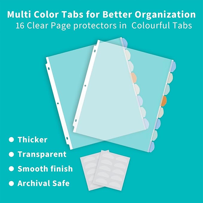 Binditek 16 Pack Heavyduty Clear Sheet Protectors with 8 Tabs, Sturdy Binder Sheet Protectors for 3 Ring Binder Letter Size, Multicolor Tabs, 8.5 x 11 Inches, Polypropylene, 2 Set, Label Sticker
