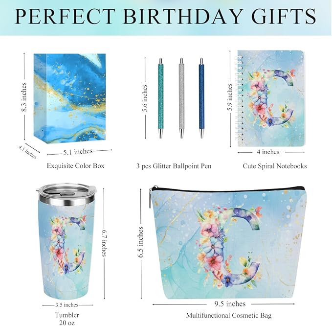 Personalized Gifts Monogrammed Birthday Gifts for Women, Cowerker Wife Sister Wedding Christmas Initial 20 oz Tumbler, Makeup Bag Cup Ballpoint Pens Journal Notebook 6 Set, (Aesthetic Blue Flower C)
