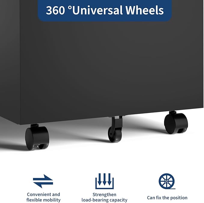 GarveeHome 3-Drawer Mobile File Cabinet with Lock Keys | Under Desk Lateral Storage Fits Legal Letter A4 | Adjustable Shelf, Easy Assembly Office Home Workspace - Dark Black