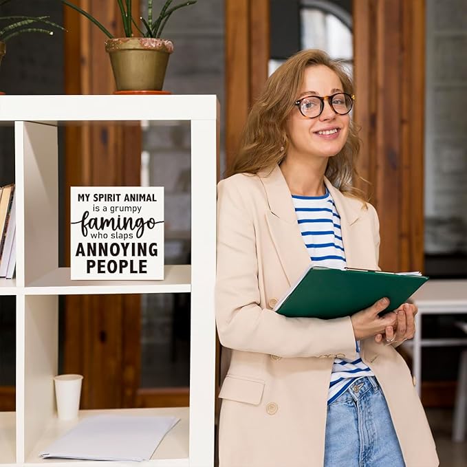 Funny Office Wood Box Sign - "Grumpy Flamingo Spirit" Wooden Block Sign, 5x5x1 Inch Whimsical Desk Decor for Sassy Female Professionals