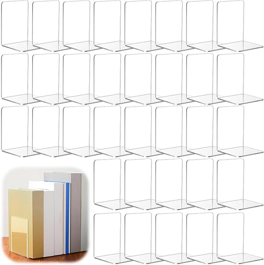Maitys 32 Pcs Plastic Book Ends Bulk Clear Acrylic Bookends for Shelves Decorative Book Organizer Heavy Duty Holder Office Stoppers Bookshelf Desktop Decor for Movies, CDs, Video Games
