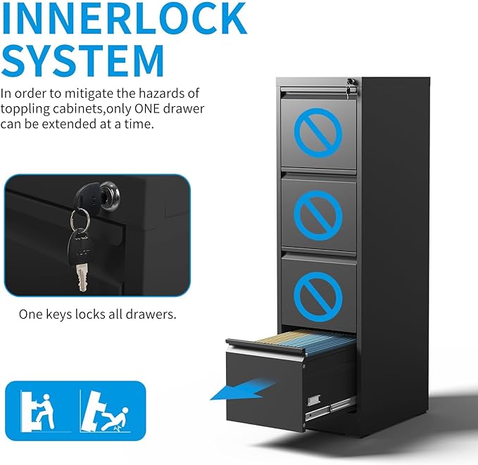 Metal File Cabinet 4 Drawers, Vertical Filing Cabinet for Home Office, File Cabinets with Lock for Legal Letter Size Hanging File Folders Storage Cabinet, (Black)