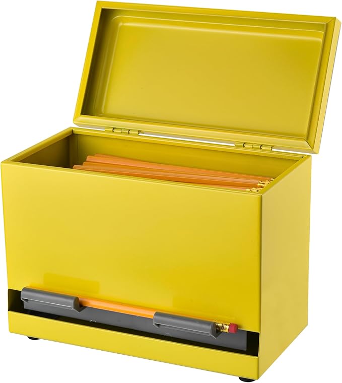 2Fold Pencil Dispenser for Classroom - Stainless Steel Bulk Pencil Holder for Desk - Includes Removable Label Stickers - Teacher Must Haves for Organization - Holds up to 200 Pencils (Yellow)