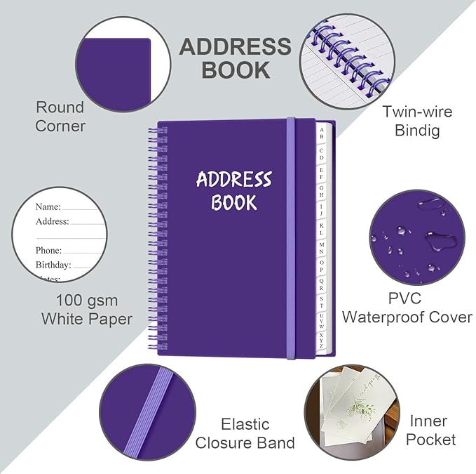 Address Book with Alphabetical Tabs - A5 Telephone & Address Book with Address Contacts, Special Date, Phone, Birthday & Internet Login Password for Home and Office, 6.2" x 8.5", Purple