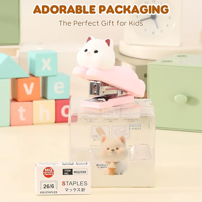 Honagu Mini Cute Animal Stapler with Staples, Cartoon Stereoscopic Silicone (PVC) Stapler, Labor-Saving Office Supplies for Teachers, Students,Girls,Gift Stocking Stuffers for Kids (Pink Puppy)