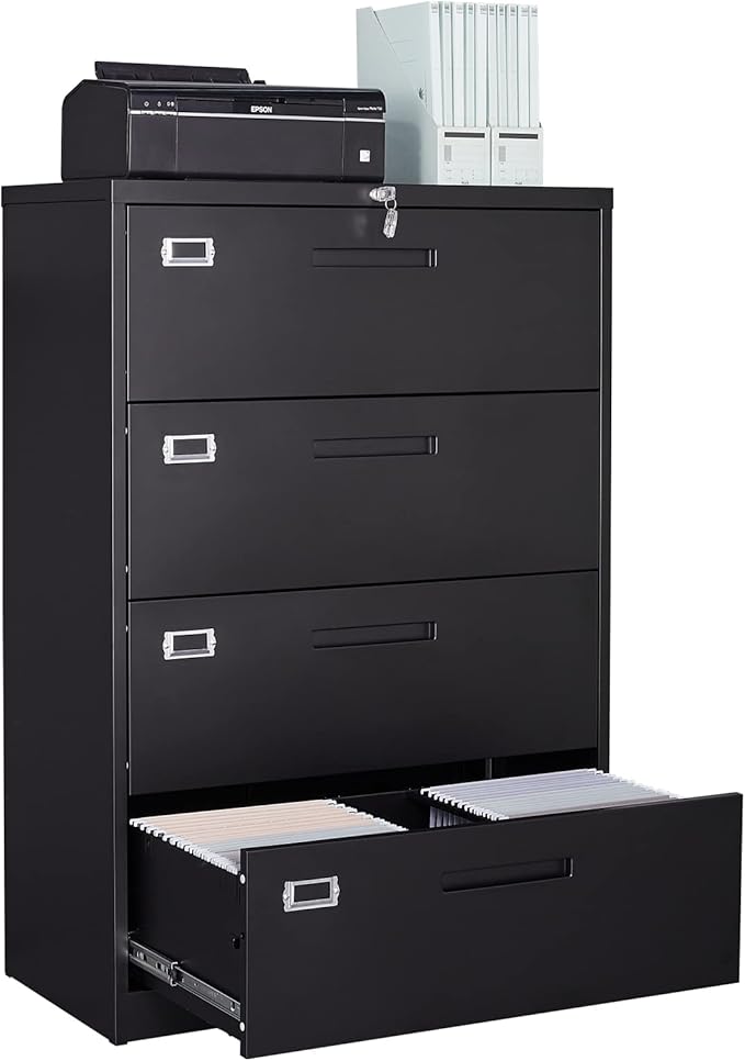 SISESOL 4 Drawer Lateral File Cabinet with Lock,Black Lateral Filing Cabinet,Horizontal Metal Filing Cabinet,Locked Wide Four Drawer File Cabinet for Office Home,Fit A4/F4/Letter/Legal File