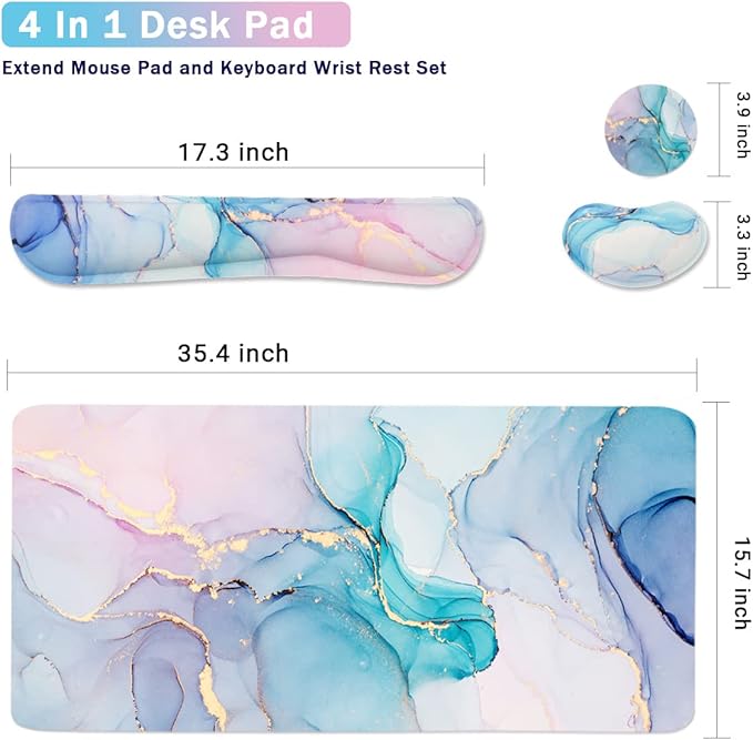 Ergonomic Large Mouse Pad and Keyboard Wrist Rest, Desk Pad for Keyboard and Mouse, 4-in-1 Large Gaming Mouse Pad with Wrist Support - Blue Marble