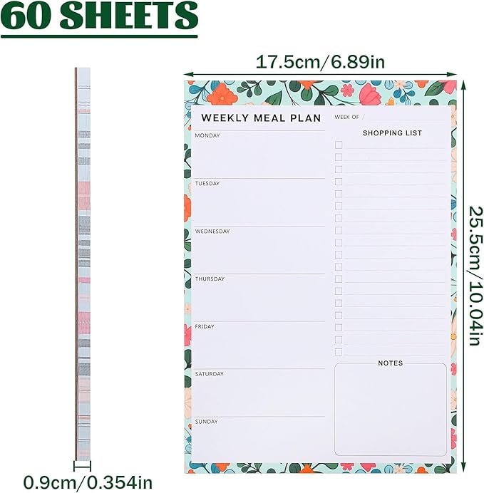60 Sheet Meal Planner for Fridge, Magnetic Weekly Meal Planner & Grocery List with Tear-off Shopping List for Meal Prep, 7x10''-Flower Design