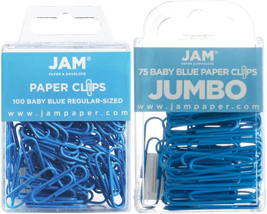 JAM PAPER Combo Pack Colorful Paper Clips - Standard & Jumbo - Baby Blue Paperclips - 1 Pack of 100 & 1 Pack of 75