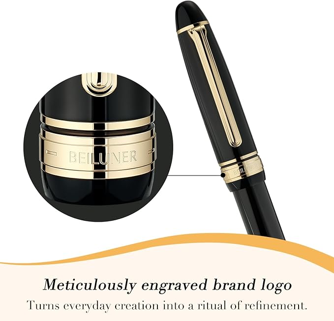 BEILUNER 319 Black Lacquer Rollerball - Stunning Luxury Pen with 24K Gold Finish, Heavy, Schneider Black Ink Refill, Best Gift Set for Men & Women, Professional, Executive Office, Nice Classic Pens