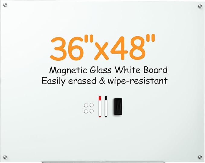 VUSIGN Magnetic Glass Whiteboard Set, 36" x 48" Wall Mounted Whiteboard with Magnetism, Large Frameless Dry Erase Board, Includes 4 Magnets, 2 Markers, and 1 Eraser for Classroom, Home, Office