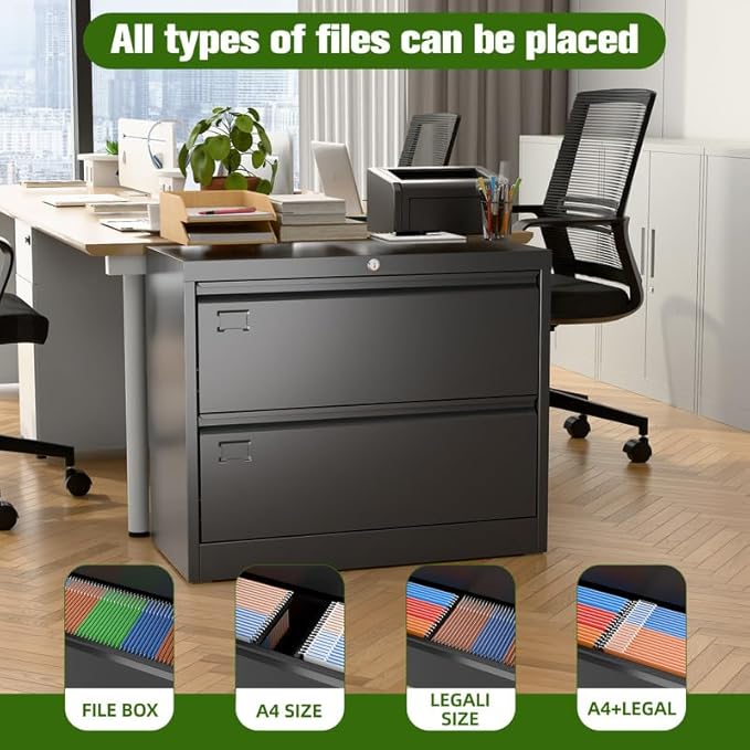 Aobabo Lateral File Cabinet 2 Drawer,Lockable Metal Filing Cabinet, Suitable for Home Office School Hanging Files Letter/Legal Size,Required-Assembly,Black
