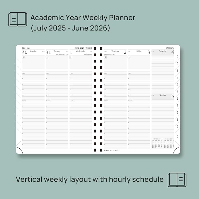 POPRUN Planner 2025-2026 (Medium - 6.5'' x 8.5'') Academic Weekly Calendar (July 2025 - June 2026) with Hourly Time Slots, Monthly Tabs, 100GSM Thick Papers, Spiral Leather Cover - Pacific Green
