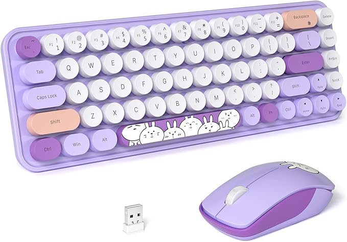 FOPETT Wireless Keyboard and Mouse Cute Mouse and Keyboard 2.4G Wireless Keyboards with Colorful 68 Keys Typewriter Retro Round Keycap for PC, Laptop,Tablet,Computer Windows - Purple Colorful