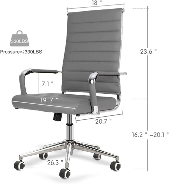 Home Office Chair Ribbed, Modern Leather Conference Waiting Room Chairs,Ergonomic Office Desk Chair, High Back Executive Computer Chair, Adjustable Swivel Chair with Arms (Gray)