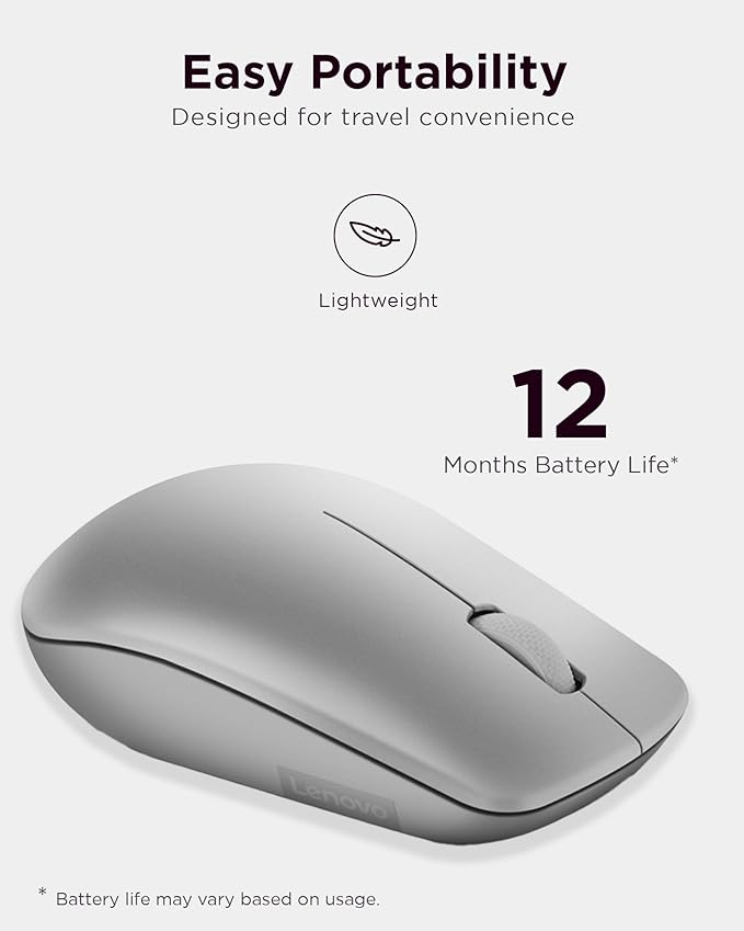 Lenovo 530 Full Size Wireless Computer Mouse for PC, Laptop, Computer with Windows - 2.4 GHz Nano USB Receiver - Ambidextrous Design - 12 Months Battery Life - Platinum Grey