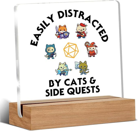Funny DND Gifts for RPG Gamers, Dungeon and Dragon Gift, Nerdy Gifts for Men Women Gamers, Cats & Side Quest Acrylic Desk Signs Decor 4 × 4 Inches