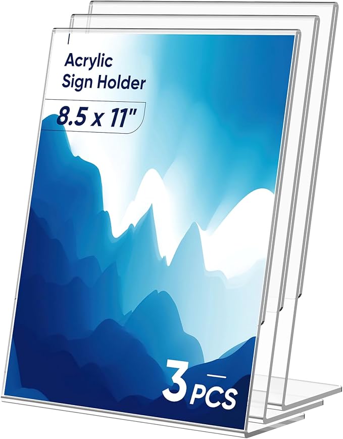 3 Pack Acrylic Sign Holder 8.5x11 Inches, Clear Display Holder, L-Shape Vertical Menu Holder Stand, Flyer Display Stand, Table Paper Holder, Plastic Sign Display Stand for Restaurants, Store, Office