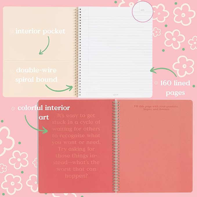 ban.do Rough Draft Large Spiral Notebook with Saying, 11" x 9" with Pockets and 160 College Ruled Pages, Make It All Happen (gold glitter)